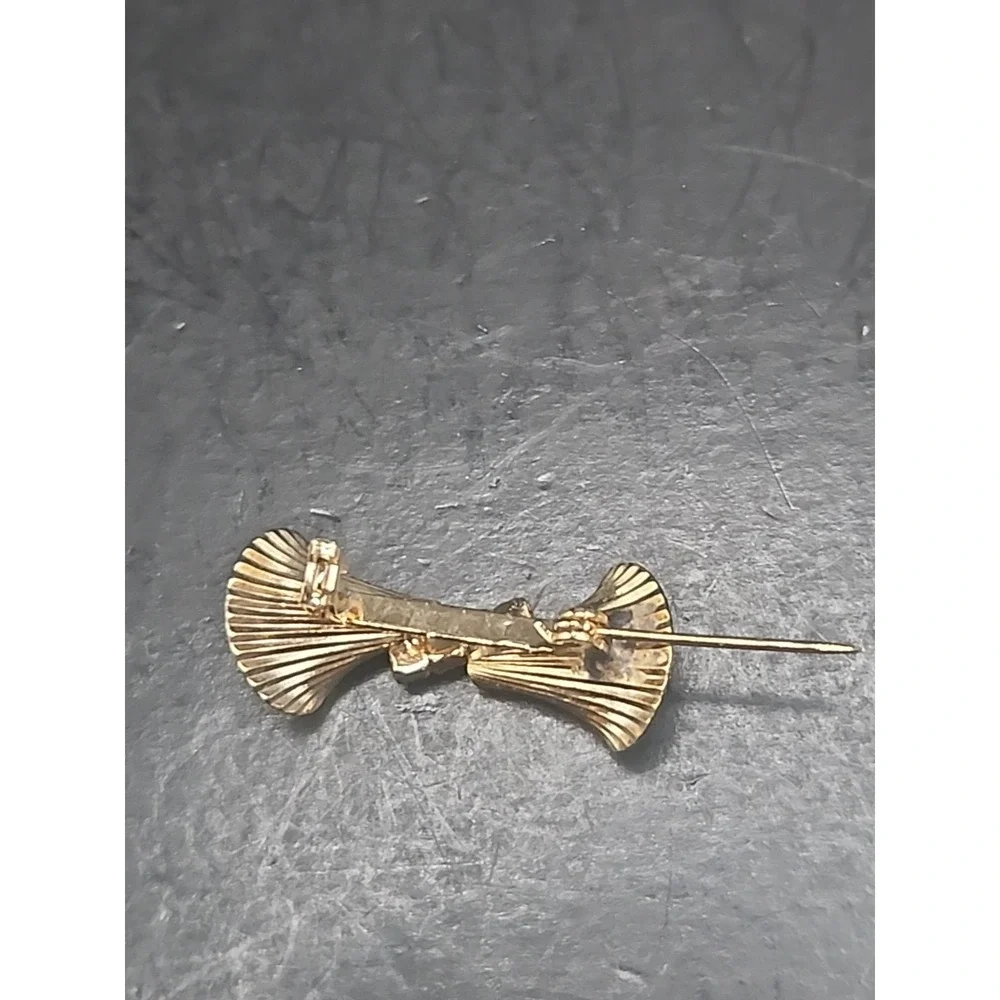 Vintage‎ Retro Double Fan/Ribbon Brooch Goldtone W/Rhinestones 1.25